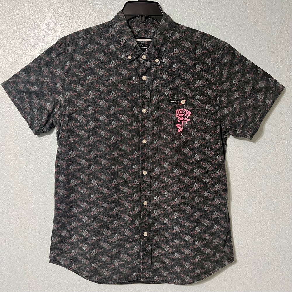 RVCA short sleeve floral button up with added rose to shirt pocket